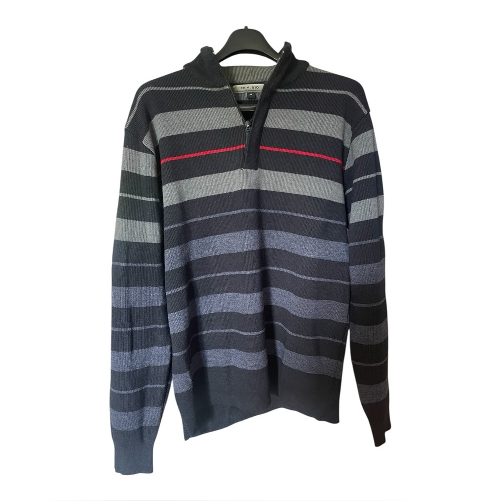 Orvieto Men’s Sweater ¼ zipper Striped Sweater Navy Blue Gray Red Size Medium